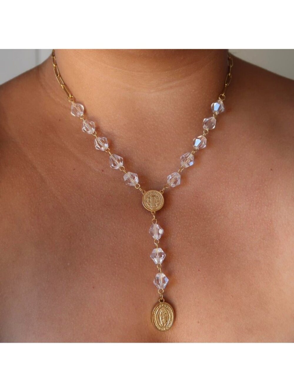 White Crystal Rosary Necklace18K Gold Filled18...